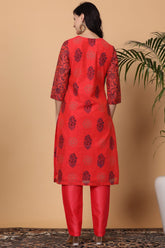 Red Chanderi Kurta Set With Block Print